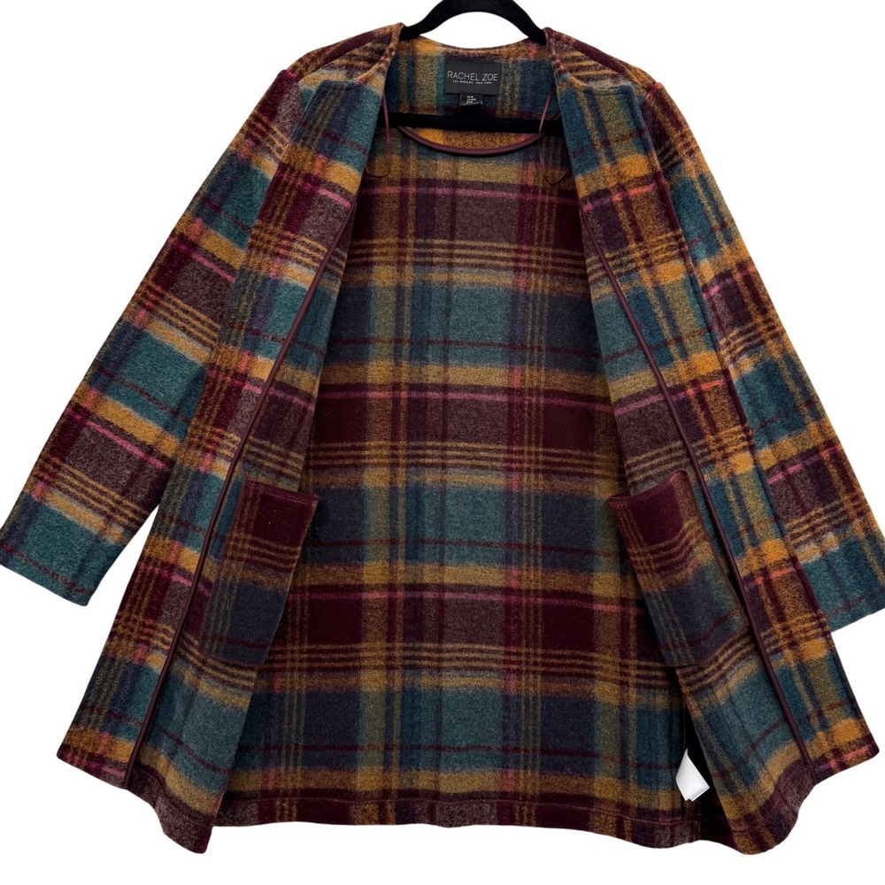 Rachel Zoe Wool Blend Retro Plaid Open Coat Shacket Medium Heritage Cabincore - Picture 2 of 8